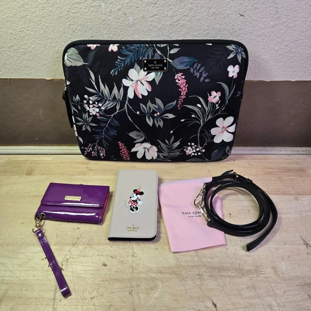 Kate Spade On Purpose Zip Pouch Botanical Black w minnie mouse & purple wallet